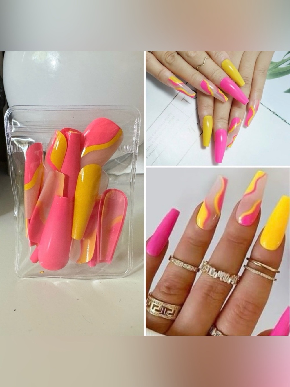 3/$15 Coffin Fake Nails Pink and Yellow Long Coffin